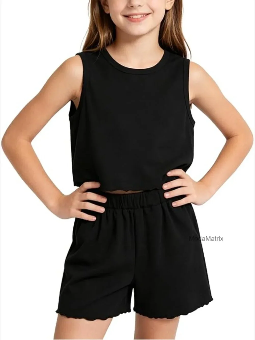Girls 2 Piece Tank Top & Shorts Set Ribbed Cotton Blend Workout Lounge